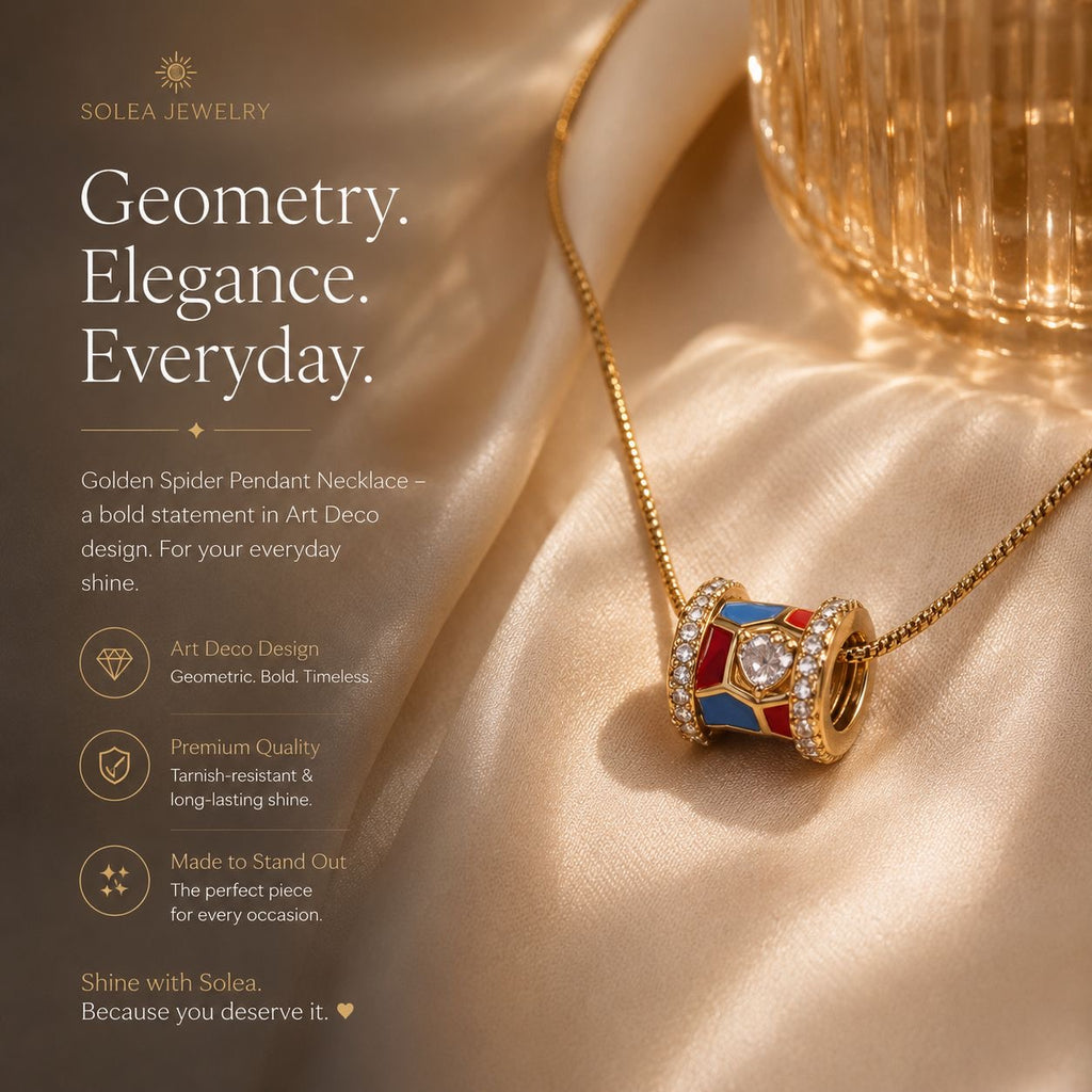 Golden Spider Pendant Necklace — Geometric Art Deco | Solea Jewelry